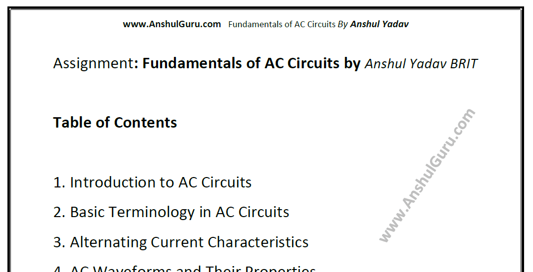 Assignment: Fundamentals of AC Circuits by Anshul Yadav BRIT